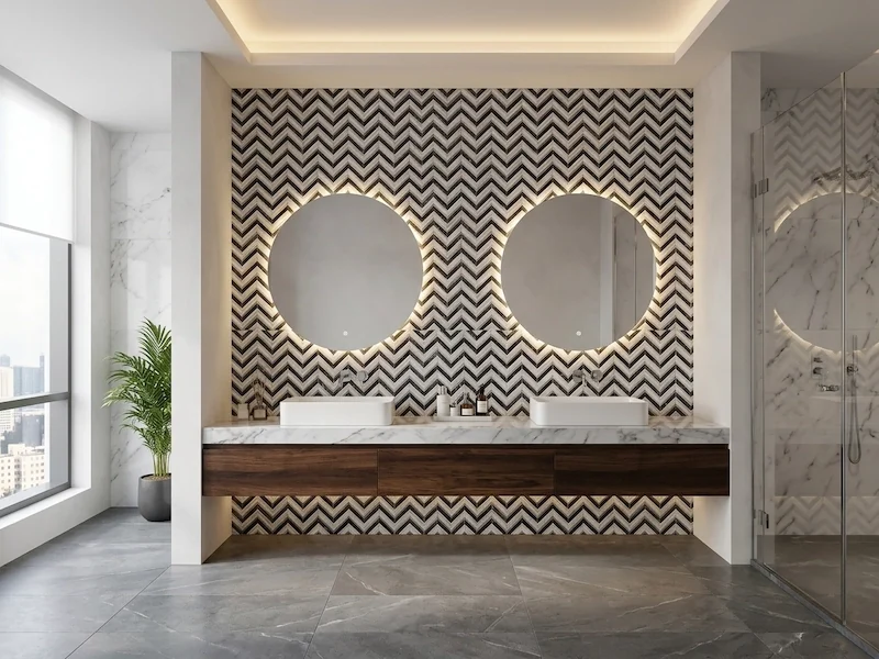 Kilkenny Chevron Marble Mosaic shown in a supplied interior design visualization with a multicolour chevron wall pattern