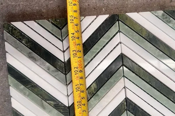 Kilkenny Chevron Marble Mosaic module arrangement shown in a supplied chevron module measurement image