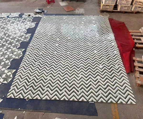 Kilkenny Chevron Marble Mosaic modules shown in a supplied interlocking sheet reference image