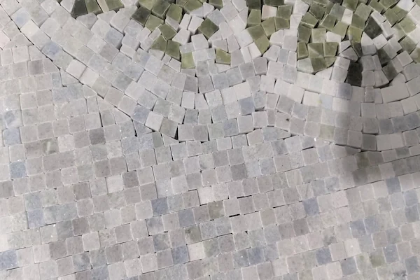 Landscape Scene Marble Mosaic Mural close-up shown in a supplied light tesserae detail reference image