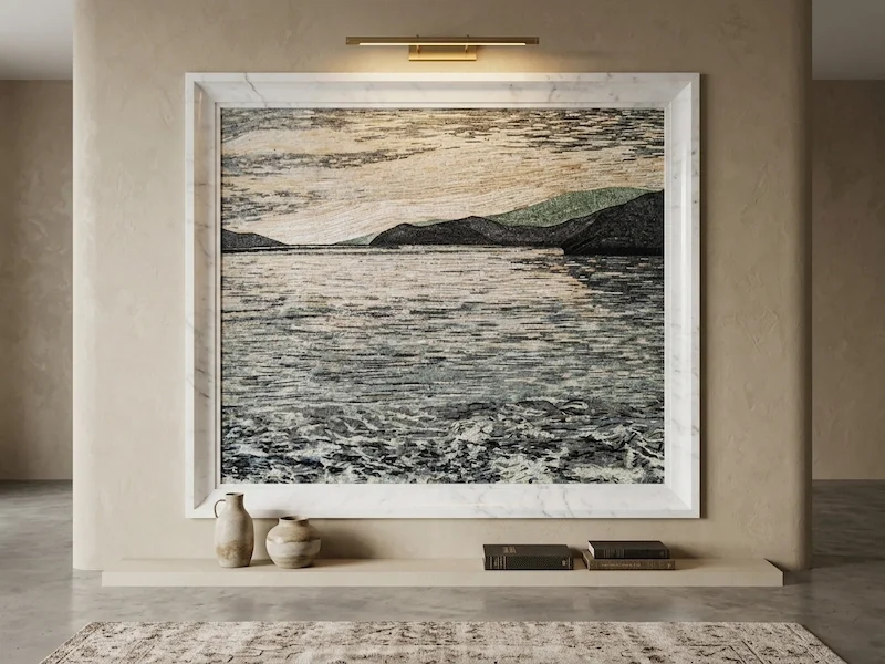 Landscape Scene Marble Mosaic Mural shown in a supplied design visualization with a framed landscape panel