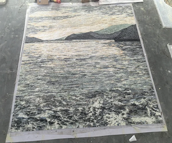 Landscape Scene Marble Mosaic Mural panel shown in a supplied flat-laid panel reference image