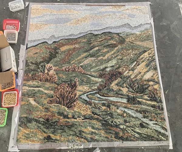 Landscape Scene Marble Mosaic Mural panel shown in a supplied panel alignment reference image