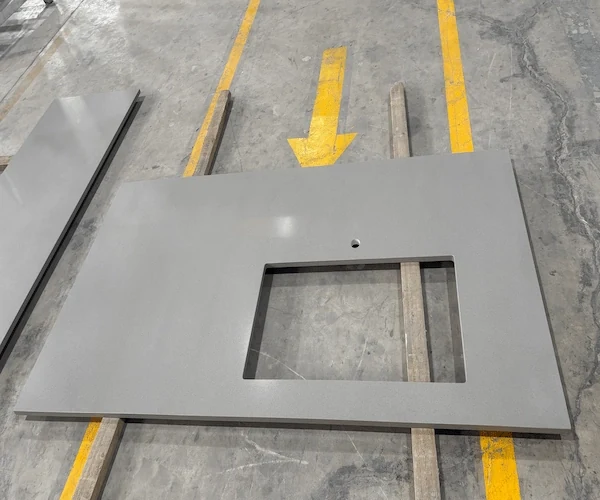 Light Grey Quartz Kitchen Top dry-laid countertop components aligned in a supplied factory reference image