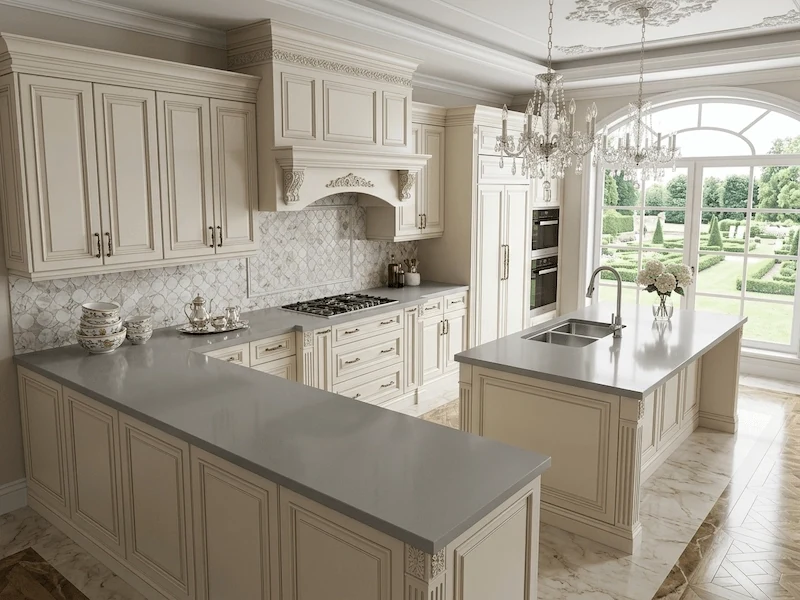 Light Grey Quartz Kitchen Top in a supplied kitchen application image, showing a light-grey engineered quartz surface with a low-contrast pattern