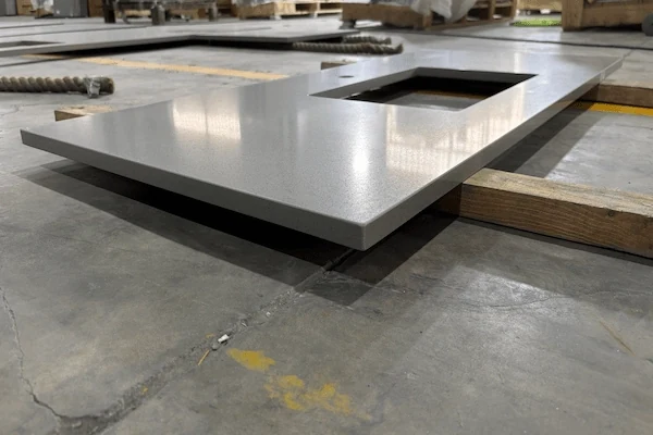 Light Grey Quartz Kitchen Top fabricated kitchen top pieces prepared for layout inspection in a supplied factory image