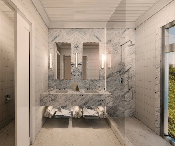 3D visualization of a Manhattan Marble bathroom vanity concept with wall cladding