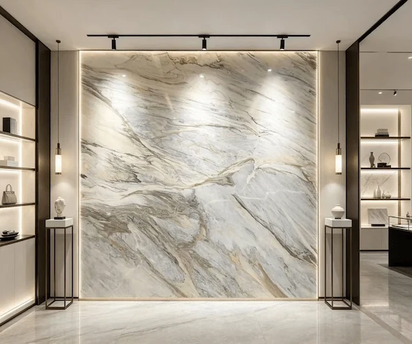 3D visualization of a Manhattan Marble feature wall in a refined interior lobby concept