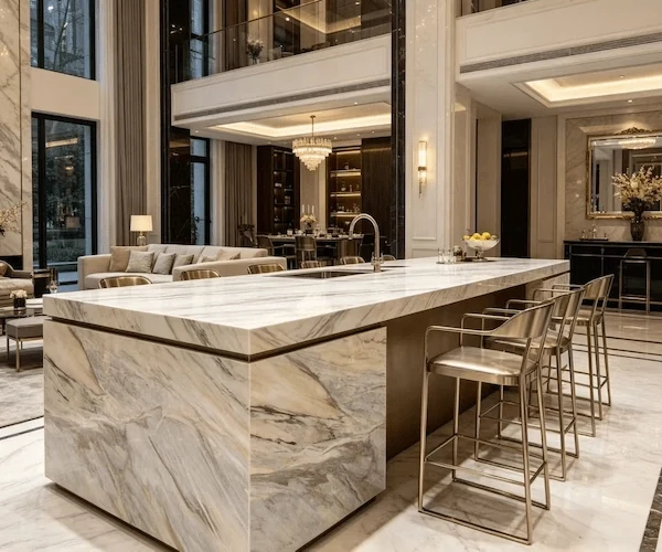 3D visualization of a Manhattan Marble kitchen island concept in a hospitality-style interior