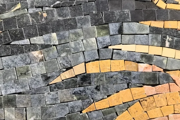 Mountain Landscape Marble Mosaic Mural close-up shown in a supplied dark field detail reference image