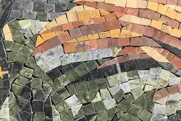Mountain Landscape Marble Mosaic Mural close-up shown in a supplied curved motif reference image