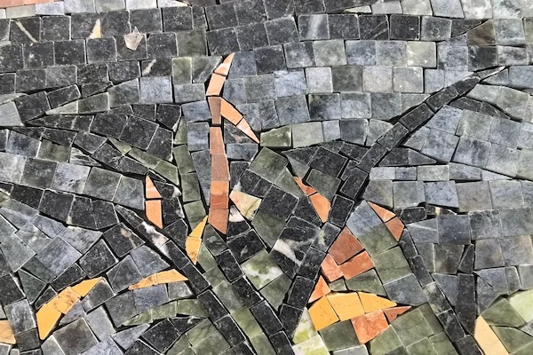 Mountain Landscape Marble Mosaic Mural close-up shown in a supplied branching motif reference image