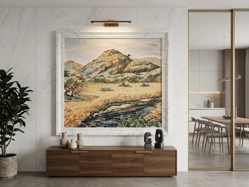 Mountain Landscape Marble Mosaic Mural shown in a supplied design visualization with a framed landscape composition