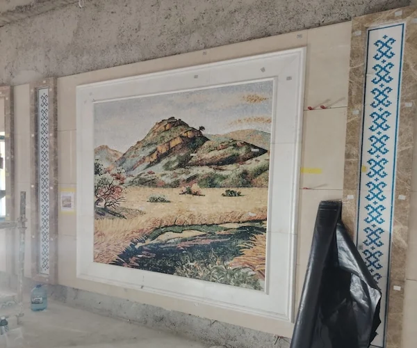 Mountain Landscape Marble Mosaic Mural panel shown in a supplied work-area panel reference image