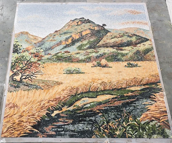Mountain Landscape Marble Mosaic Mural panel shown in a supplied flat-laid mural reference image
