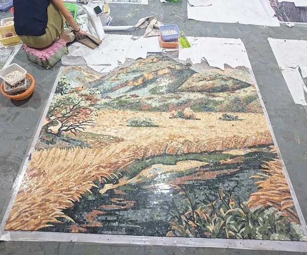 Mountain Landscape Marble Mosaic Mural panel shown in a supplied assembly-context reference image