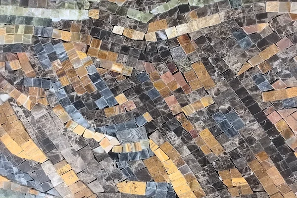 Mountain Landscape Marble Mosaic close-up shown in a supplied tesserae colour reference image