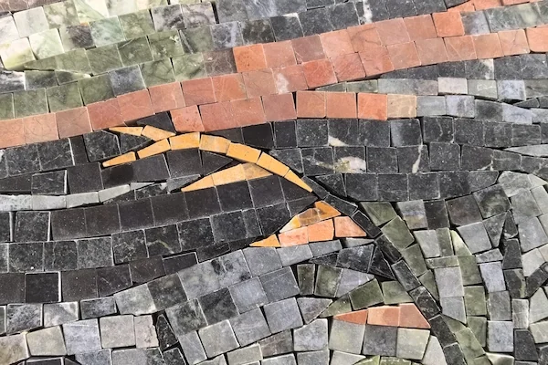 Mountain Landscape Marble Mosaic close-up shown in a supplied landscape motif reference image