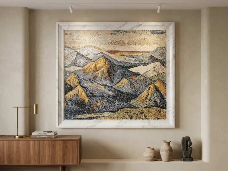Mountain Landscape Marble Mosaic shown in a supplied design visualization with a framed multicolour mountain scene