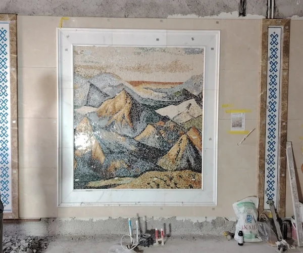 Mountain Landscape Marble Mosaic panel shown in a supplied work-area panel reference image