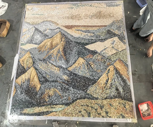 Mountain Landscape Marble Mosaic panel shown in a supplied flat-laid pattern reference image