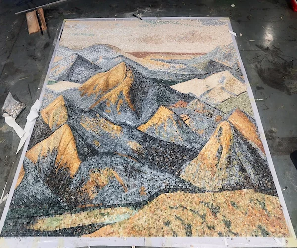 Mountain Landscape Marble Mosaic panel shown in a supplied panel layout reference image