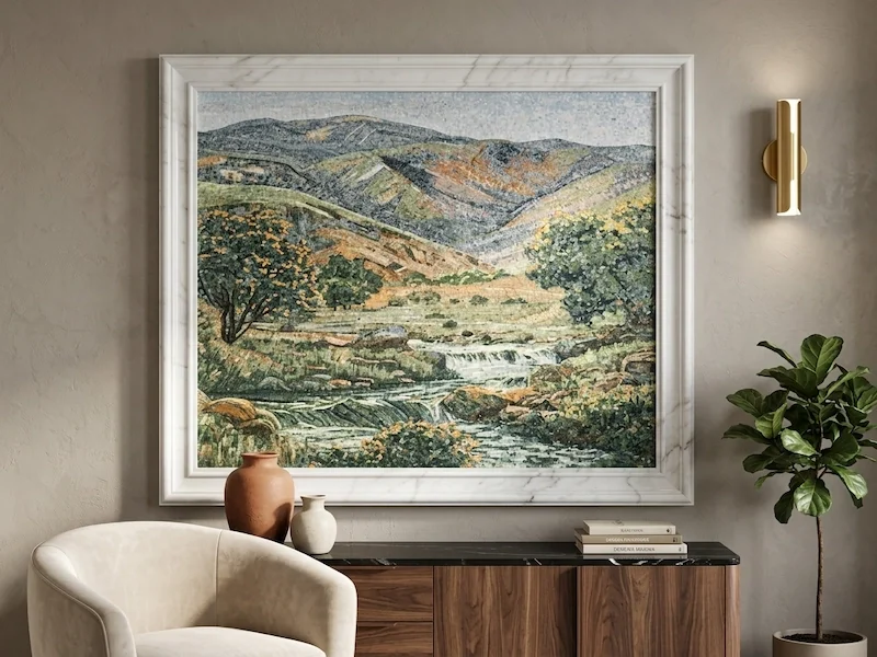 Multicolor Landscape Marble Mosaic shown in a supplied design visualization with a framed landscape panel