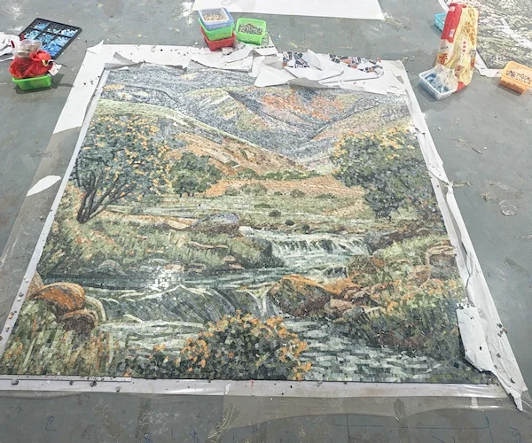 Multicolor Landscape Marble Mosaic panel shown in a supplied flat-laid panel reference image
