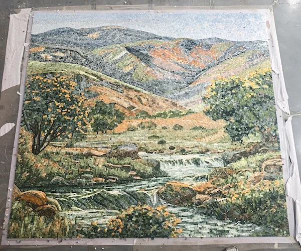 Multicolor Landscape Marble Mosaic panel shown in a supplied work-surface layout reference image
