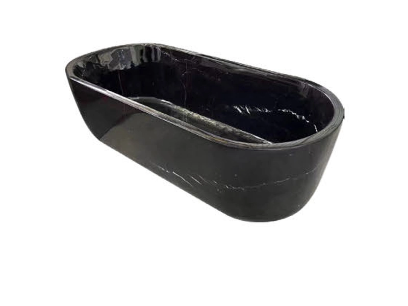 Nero Marquina Elongated Marble Bathtub, shown as a white-background catalogue product image