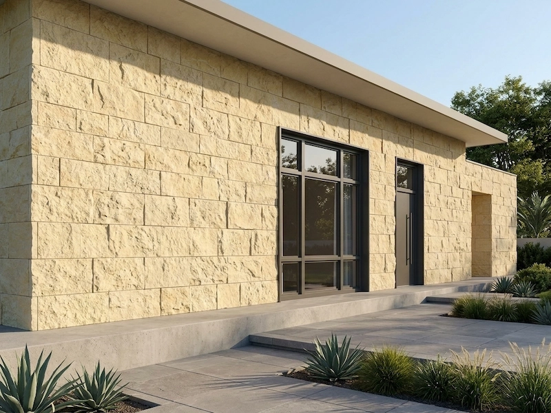 Supplied exterior reference of beige Rock Face Limestone wall cladding on a contemporary building facade