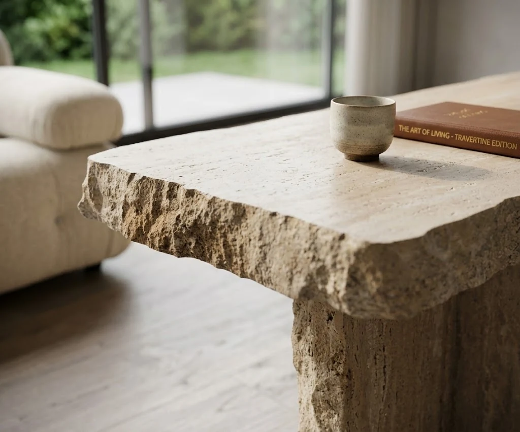 3D visualization of a rustic travertine block base coffee table in a warm living room concept