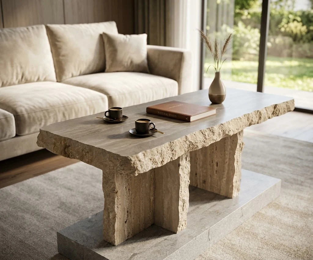 3D visualization of a rectangular travertine coffee table in a bright lounge concept