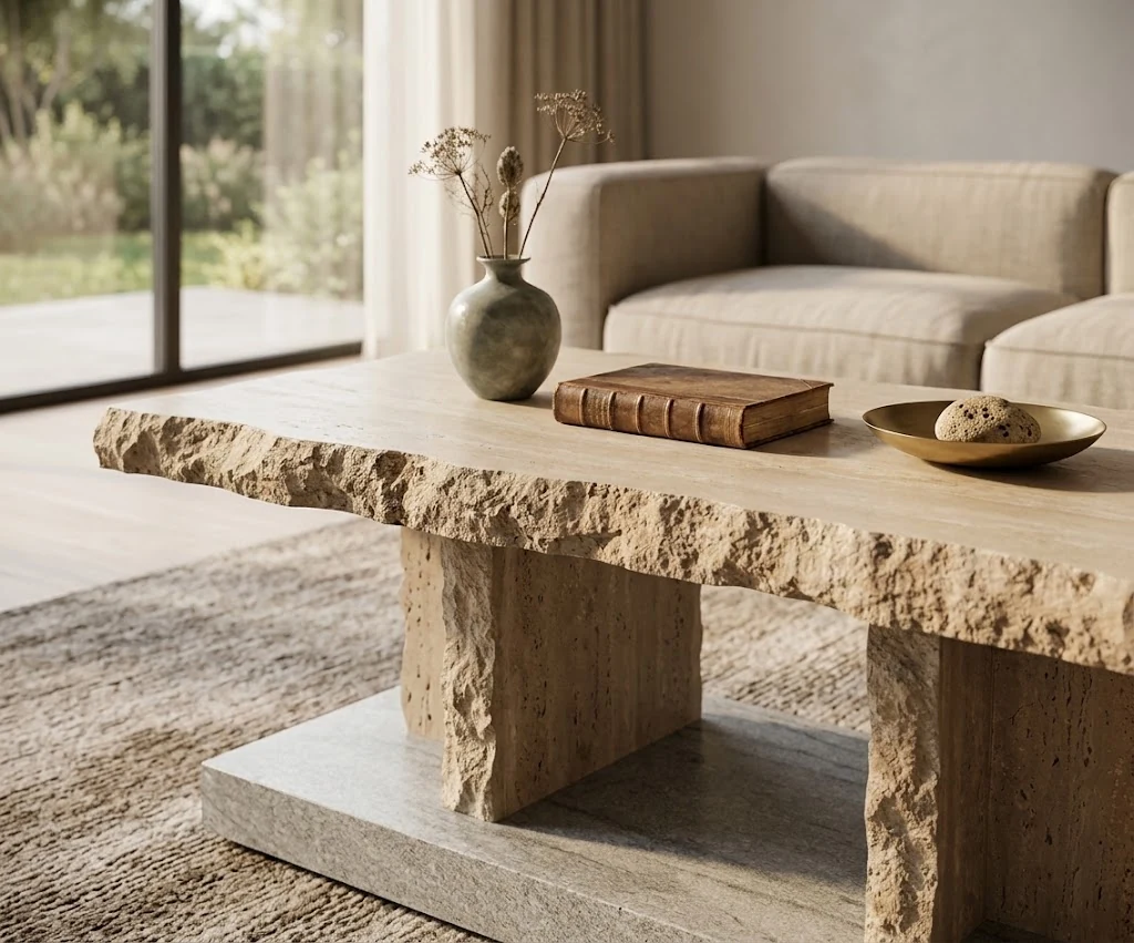 3D visualization of a textured travertine coffee table in a contemporary interior concept