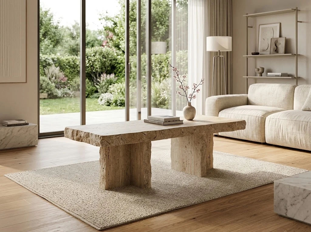 Low rectangular travertine coffee table with textured block supports in a bright living room