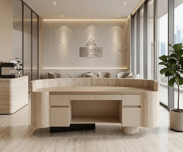 3D visualization of a semi-circular beige travertine reception desk in a hospitality concept