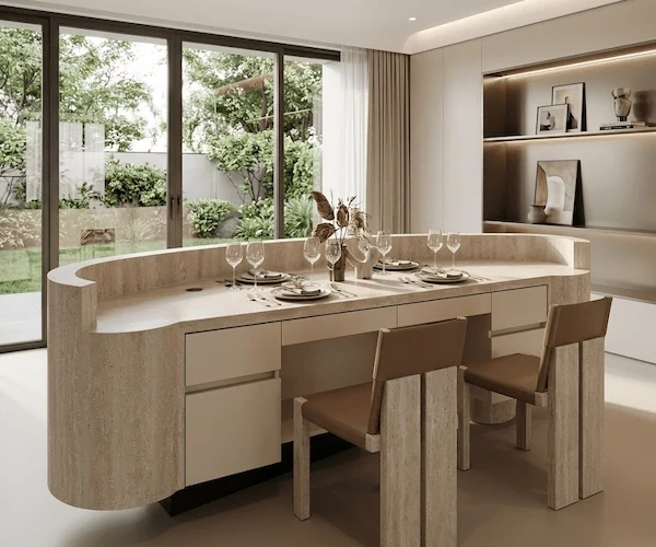 3D visualization of a curved travertine reception counter with integrated work surface in an interior concept