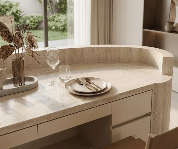 3D visualization of a semi-circular natural-stone reception desk in a contemporary lobby concept