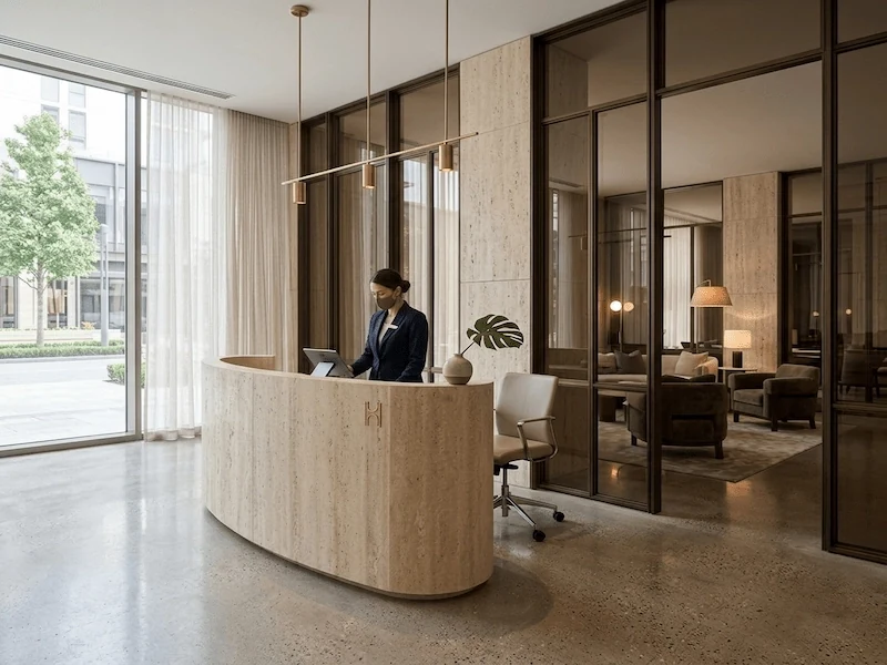 Semi-circular beige travertine reception desk with a curved stone shell and internal carcase in a lobby setting