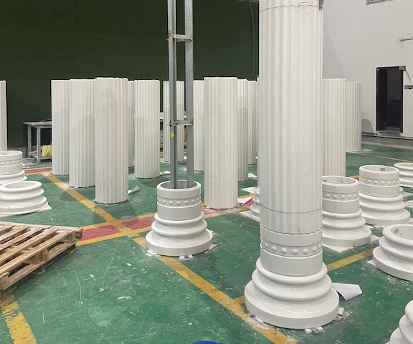 Sivec White Marble fluted column shafts and bases grouped for dry-lay alignment