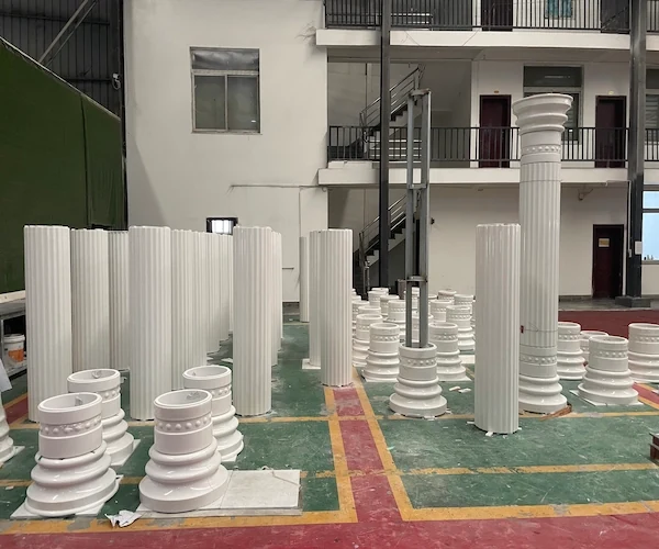 Sivec White Marble fluted shaft, base and capital components in a factory layout