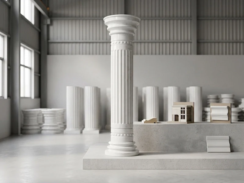 Sivec White Marble fluted column with a white shaft and stepped circular base in a factory presentation