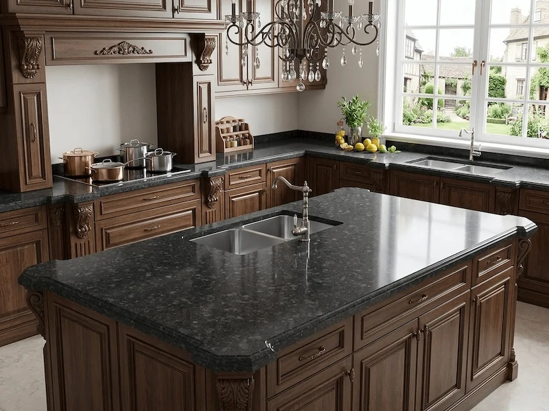 Steel Grey Granite Kitchen Top in a supplied kitchen application image, showing a deep steel-grey granite field with fine granular mineral detail