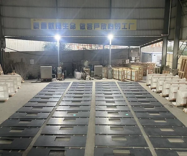 Steel Grey Granite slabs shown in a supplied factory material review