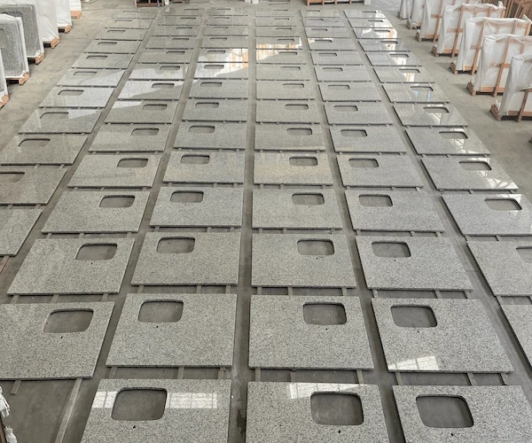 Tiger Skin Granite Kitchen Top cut-to-size kitchen top components sequenced on a factory floor in a supplied fabrication reference