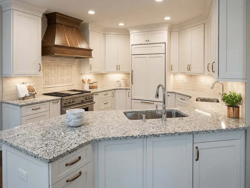 Tiger Skin Granite Kitchen Top in a supplied kitchen application image, showing a yellow-gold granite field with dark directional patterning