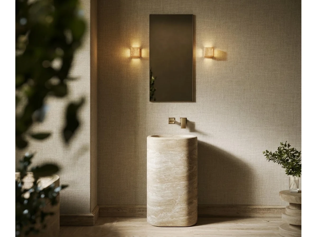 3D visualization of a travertine pedestal vanity with a floor-mounted faucet in a bathroom concept