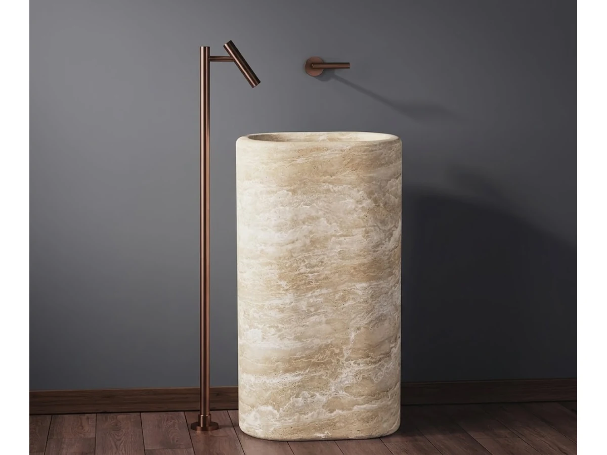 3D visualization of a round natural stone vanity in a modern wellness spa concept
