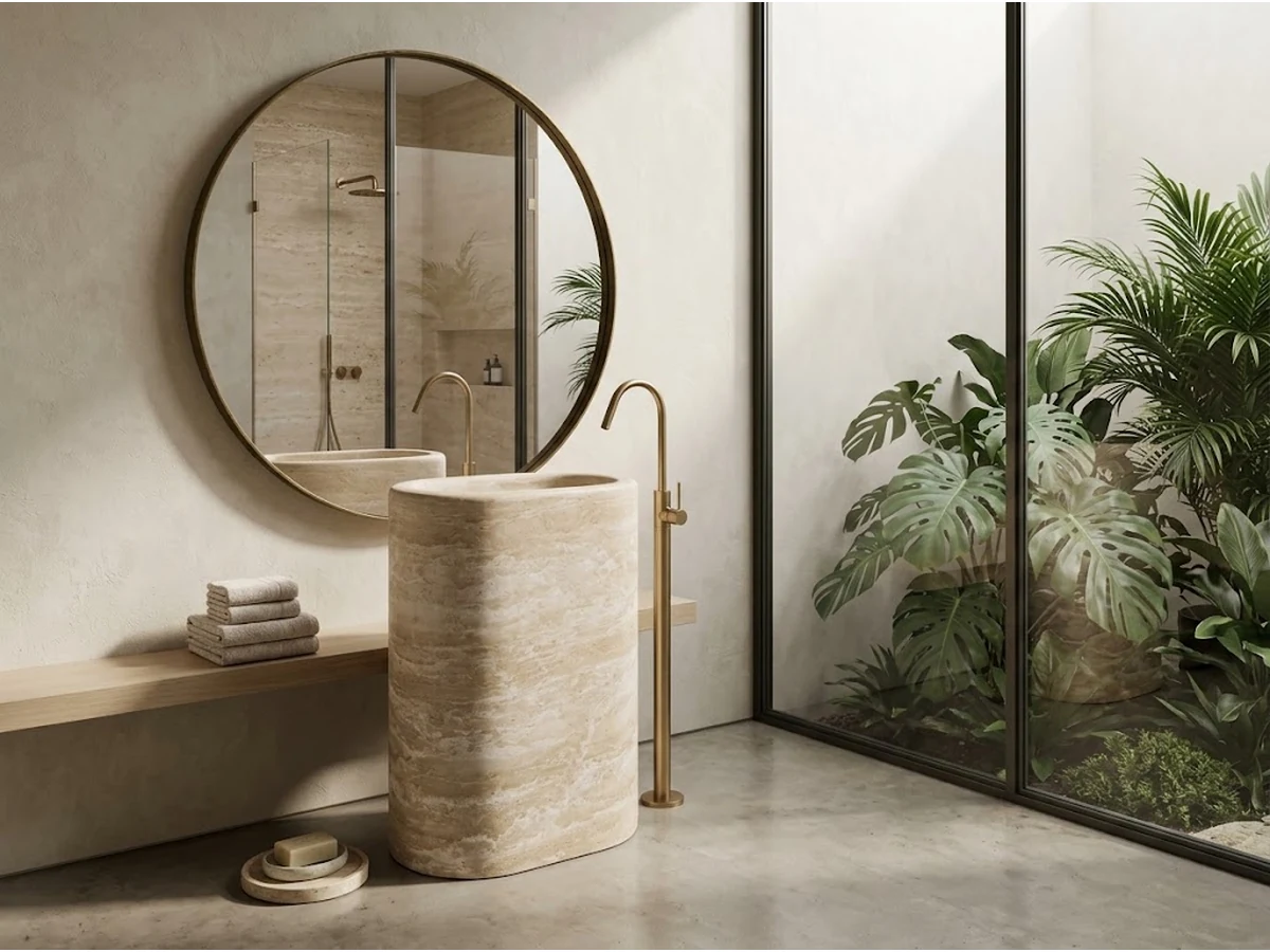 Freestanding round beige travertine pedestal vanity with an integrated basin in a calm bathroom setting