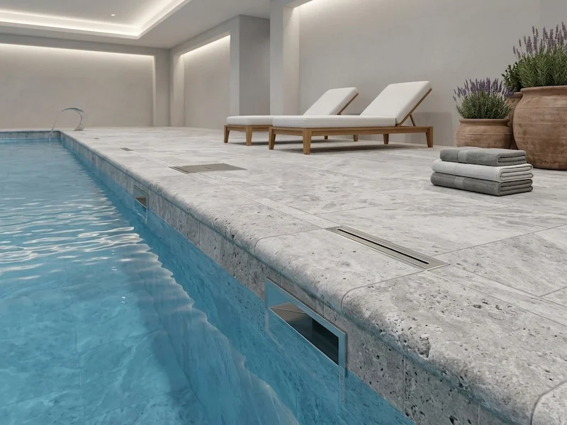 Tumbled Grey Limestone Pool Coping shown along a supplied pool-edge application reference with light-grey coping pieces